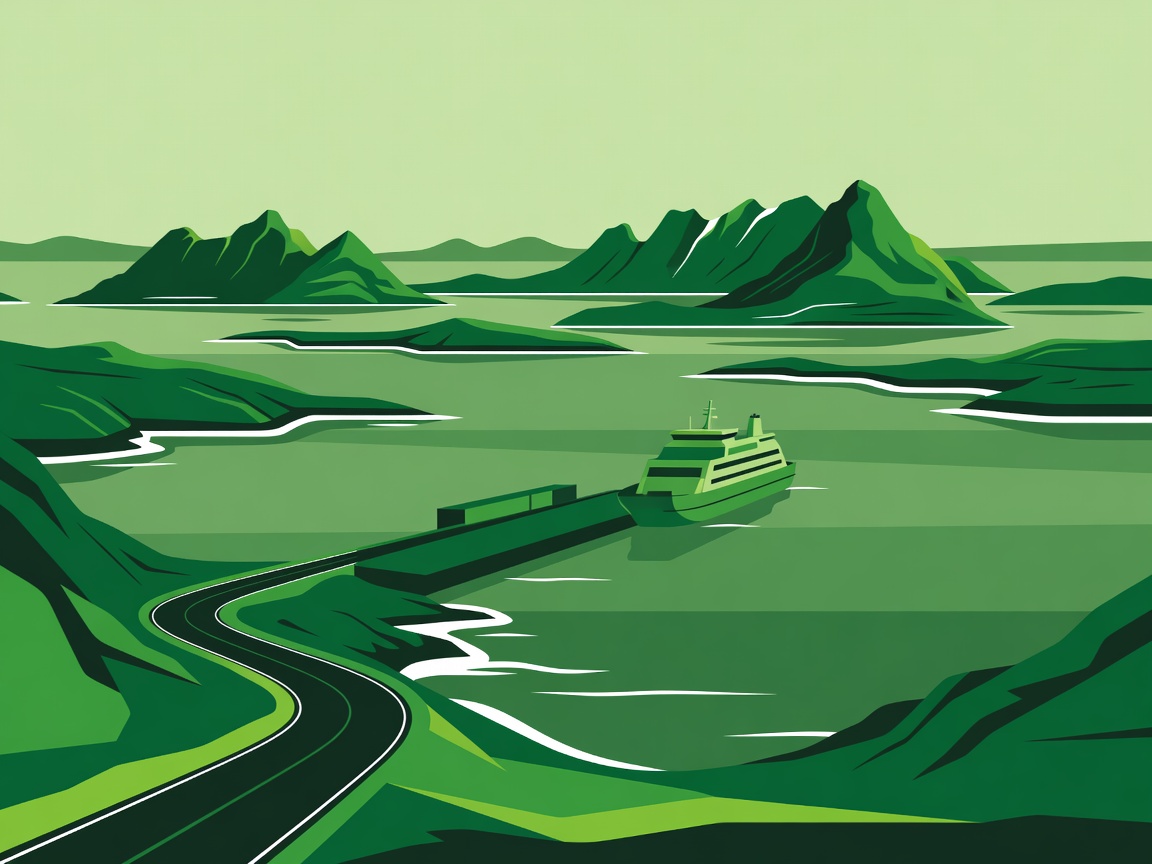 Mint-and-green route illustration showing a winding coastal road, islands and a car ferry connection.