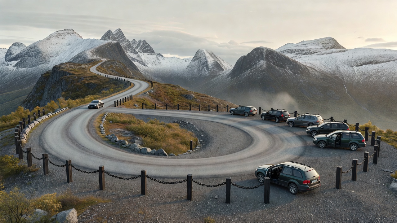 Green vector illustration of a mountain viewpoint with a marked parking bay and a separate pedestrian route.