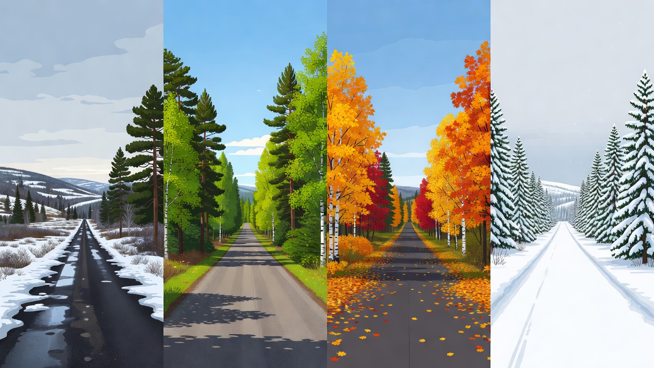 Flat vector panorama comparing a Nordic road through thaw, summer foliage, autumn trees and winter snow.