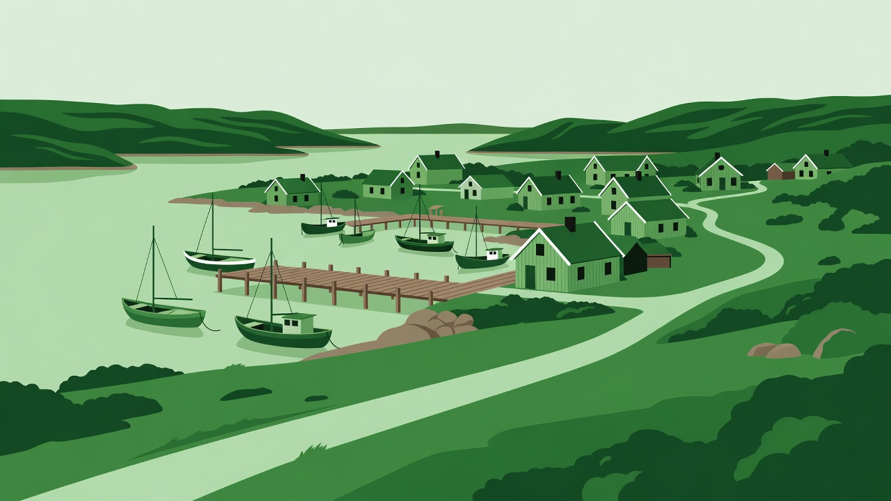 Flat green illustration of a Nordic working harbour, small homes, fishing boats and a visitor footpath.
