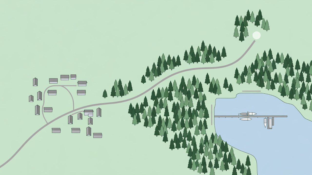Mint vector illustration of a road atlas connecting a village, forest, harbour and designated viewpoint.
